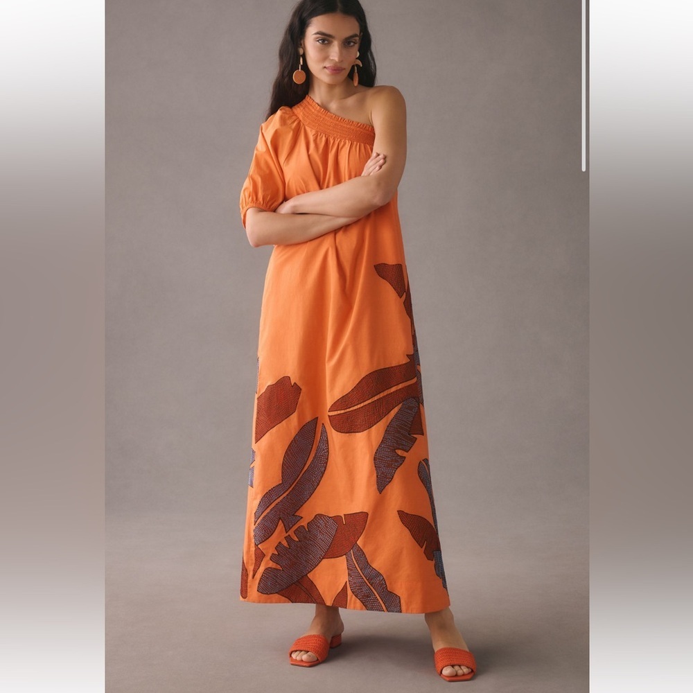 Maeve Anthropologie One-Shoulder Embroidered Maxi Dress. Small